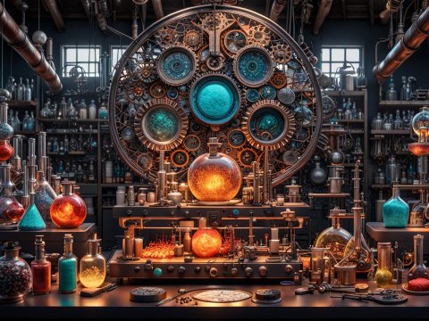 Intricate Steampunk Laboratory with Glowing Alchemical Apparatus