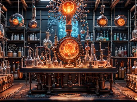 Intricate Steampunk Laboratory with Glowing Apparatus