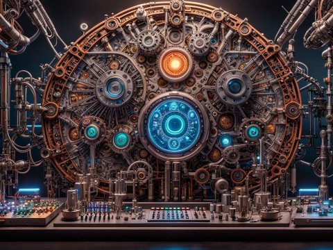 Intricate Steampunk Machine with Glowing Blue Core