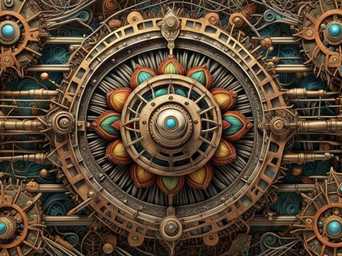 Intricate Steampunk Mechanical Gear with Floral Motif