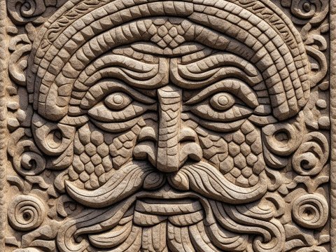 Intricate Stone Carving of a Bearded Face