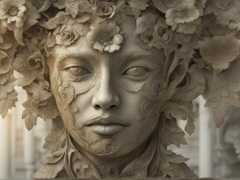 Intricate Stone Sculpture of a Floral Face