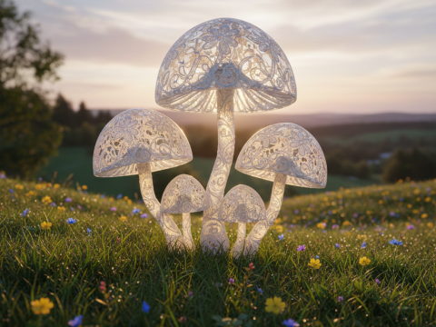Intricate Transparent Glass Mushrooms in a Meadow at Sunset