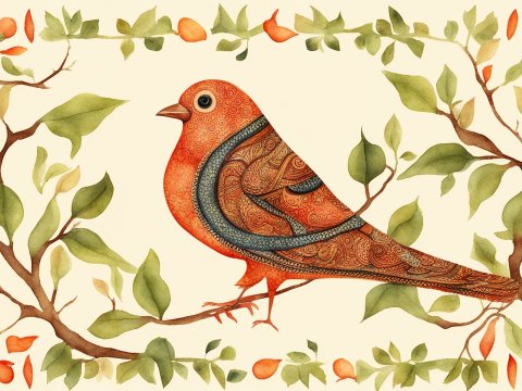Intricate Watercolor Bird with Decorative Patterns on Branch
