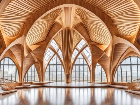 Intricate Wooden Architectural Interior with Arched Windows