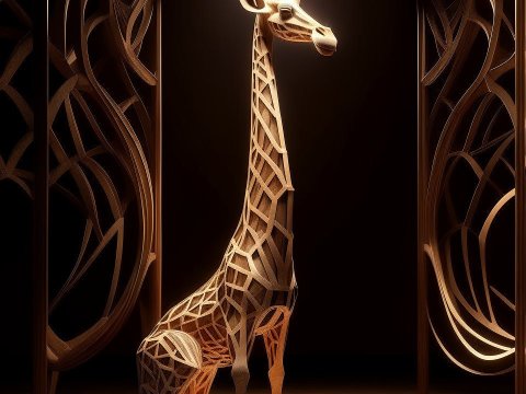Intricate Wooden Giraffe Sculpture with Abstract Surroundings