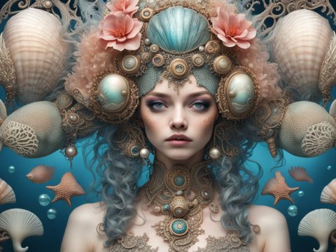 Intricately Adorned Mermaid Queen with Oceanic Elements