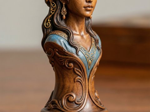 Intricately Carved Wooden Bust of a Woman with Floral Details