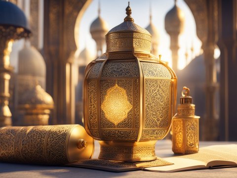 Intricately Designed Ramadan Lantern with Quran in Mosque