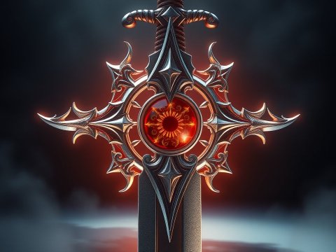 Intricately Designed Sword with Fiery Red Eye Gem