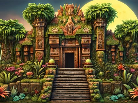 Intricately Detailed Ancient Jungle Temple at Sunset