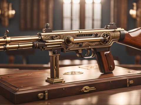 Intricately Detailed Steampunk Rifle on Wooden Display