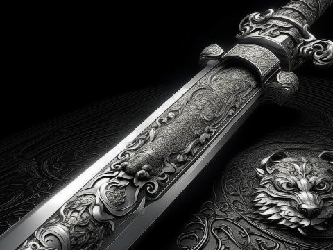 Intricately Engraved Sword with Wolf Motif