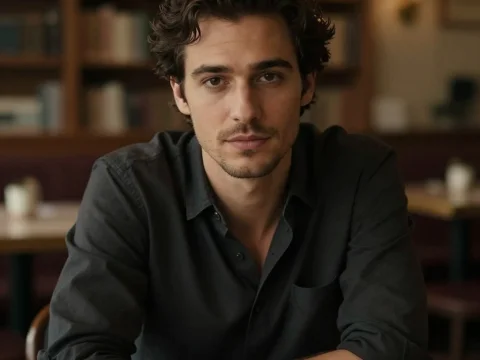 Introspective Young Man in Cozy Library Setting