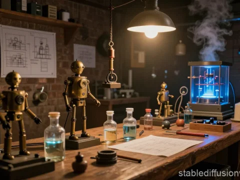 Inventor's Workshop with Vintage Robots and Scientific Equipment