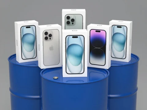 iPhone 15 Boxes Displayed on Blue Barrels