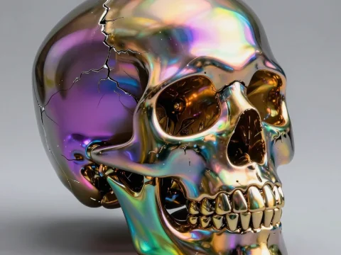 Iridescent Metallic Skull Sculpture with Cracks
