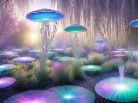 Iridescent UFO-like Mushrooms in a Mystical Forest