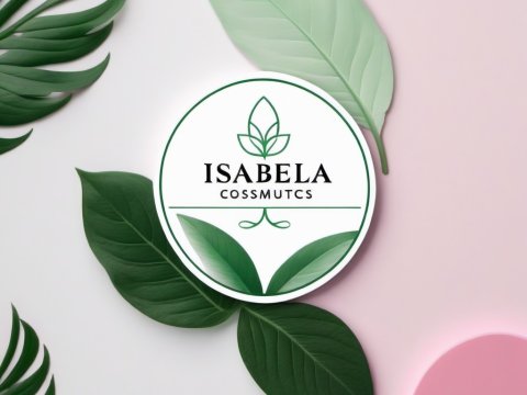 Isabela Cosmetics Logo with Green Leaves on Pink Background
