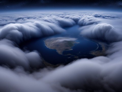 Island Surrounded by Rolling Clouds Viewed from Space