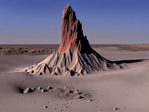Isolated Rock Formation in a Vast Desert Landscape