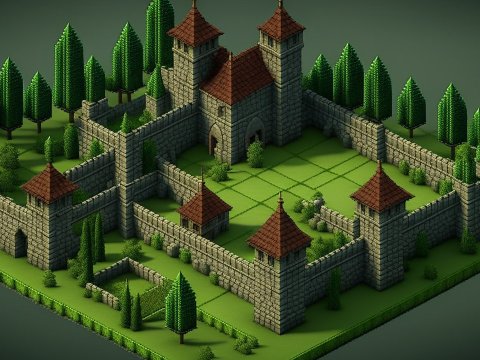 Isometric 3D Render of a Medieval Stone Castle with Trees