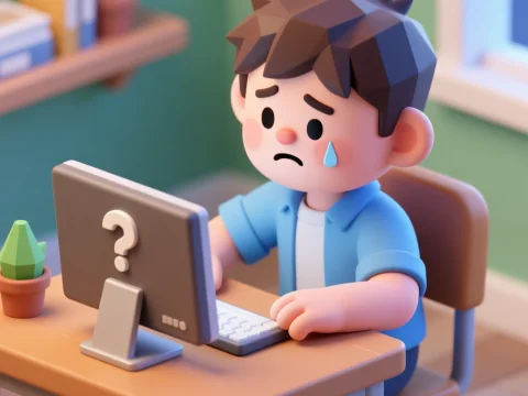 Isometric 3D Render of Sad Boy at Computer