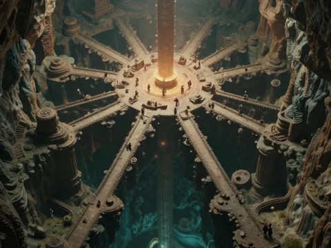 Isometric Ancient Cave Complex with Central Pillar