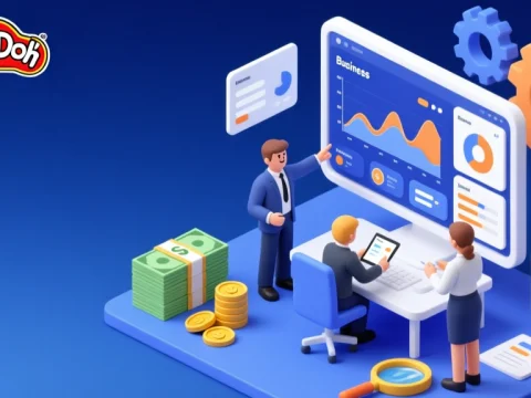 Isometric Business Dashboard with Team Analyzing Data