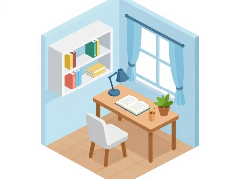 Isometric Cozy Study Room with Desk and Bookshelf