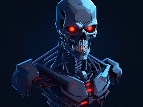 Isometric Dark Terminator Robot with Glowing Red Eyes