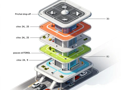 Isometric Diagram of a Futuristic Multi-Level Vertiport