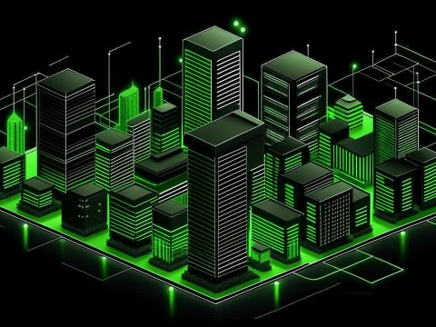 Isometric Futuristic Cityscape with Neon Green Highlights