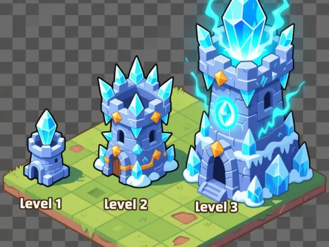 Isometric Ice Tower Upgrade Levels in Game UI