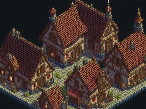 Isometric Medieval Village Houses Illustration