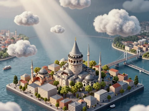 Isometric Miniature of Istanbul with Galata Tower in Rain