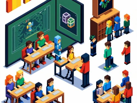 Isometric Pixel Art Classroom Scene with Students and Teacher