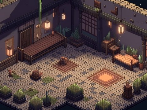 Isometric Pixel-Art Interior with Moody Lighting