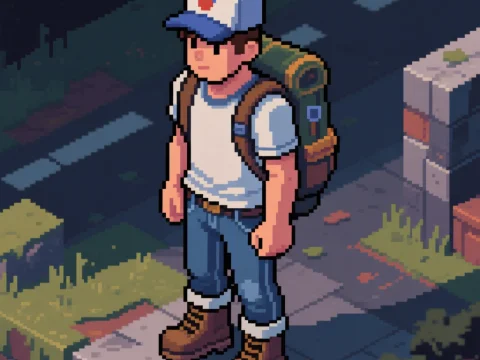 Isometric Pixel Art Male Character with Backpack