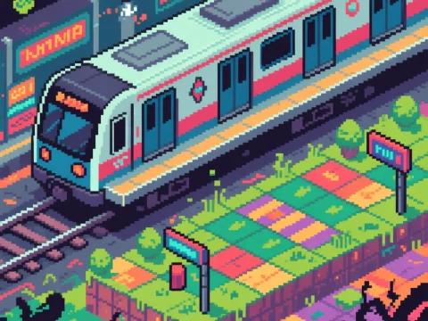 Isometric Pixel Art of a Vibrant Metro Train Station