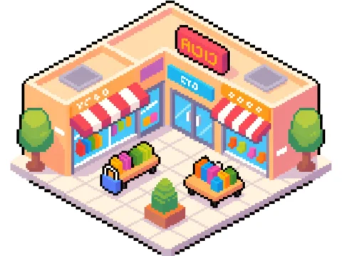 Isometric Pixel Art Shopping Center Exterior