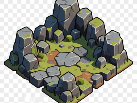 Isometric Rocky Terrain with Grass and Stones