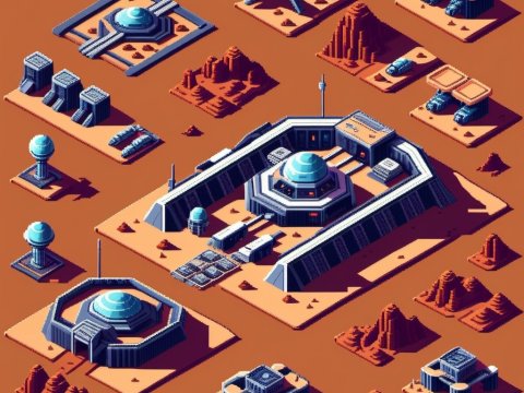 Isometric Sci-Fi Desert Base with Futuristic Structures