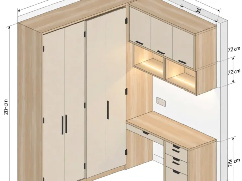 Isometric Wardrobe and Desk Corner Design with Dimensions