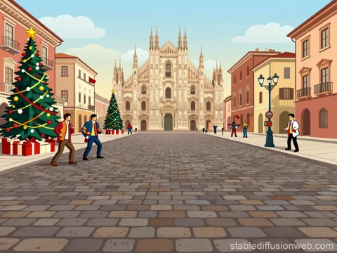 Italian City Square with Christmas Decorations and Cathedral
