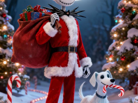 Jack Skellington as Santa with Zero in a Festive Winter Scene