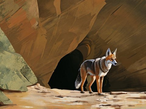 Jackal Standing at Cave Entrance in Stylized Landscape