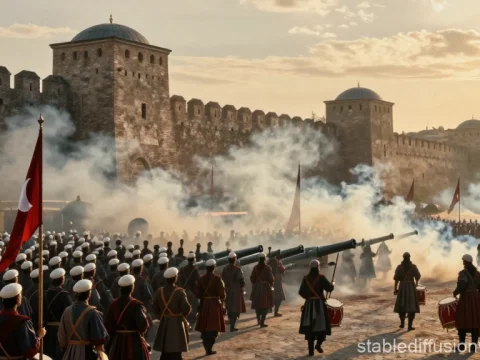 Janissaries Storming Constantinople with Cannons and Drums