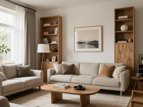 Japandi Style Living Room with Neutral Tones and Wooden Accents