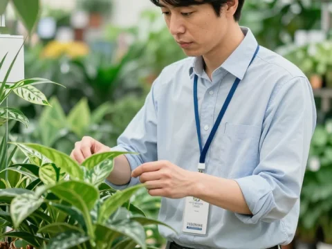 Japanese Advisor Examining Potted Plants in Greenhouse